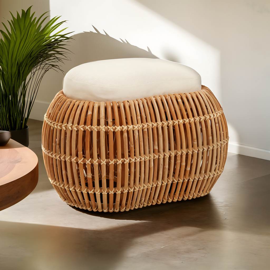Natural Rattan Bench with Cream Cushion