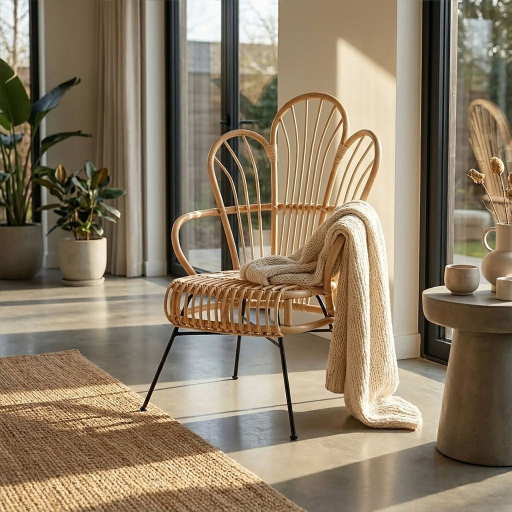 Black Rattan Accent Chair with Scalloped Back