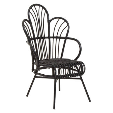 Black Natural Rattan and Black Metal Scalloped Back Chair