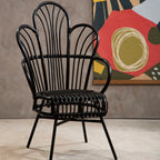 Black Natural Rattan and Black Metal Scalloped Back Chair