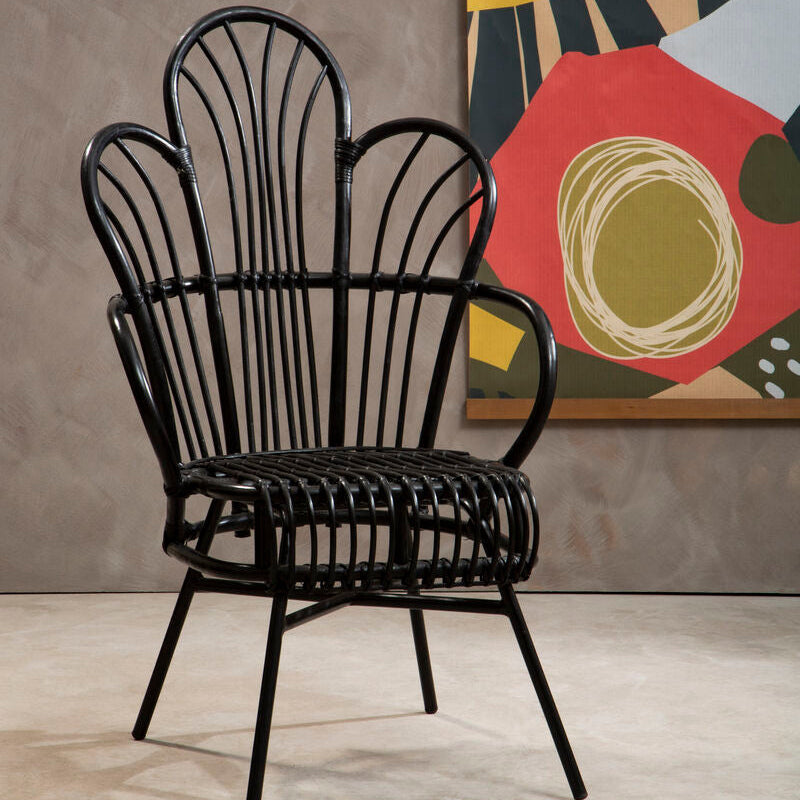 Black Natural Rattan and Black Metal Scalloped Back Chair