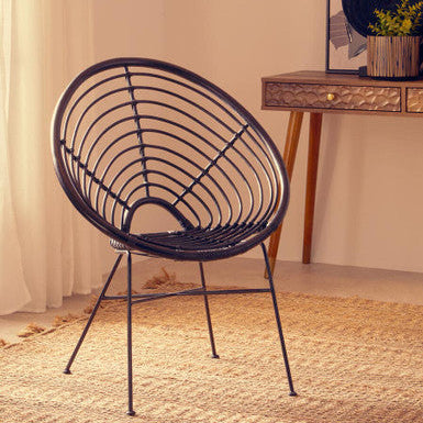 Black Rattan Round Chair with Black Iron Legs