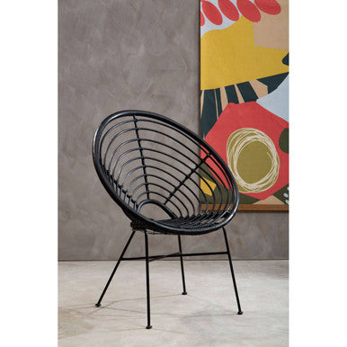 Black Rattan Round Chair with Black Iron Legs