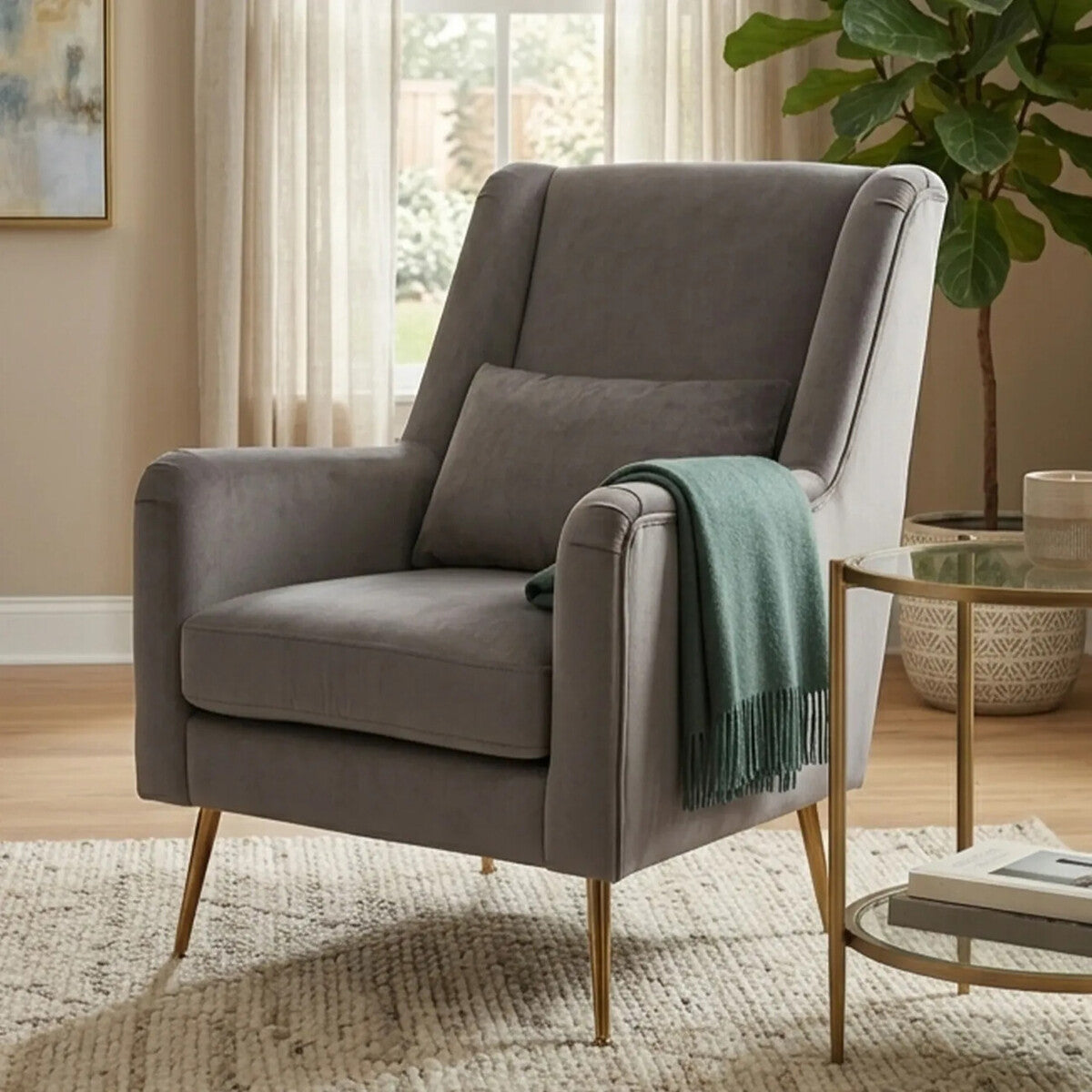 Grey Velvet High Back Chair