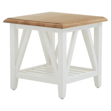 Natural Oak Side Table with White Finished Birch Base and Sculpted Supports