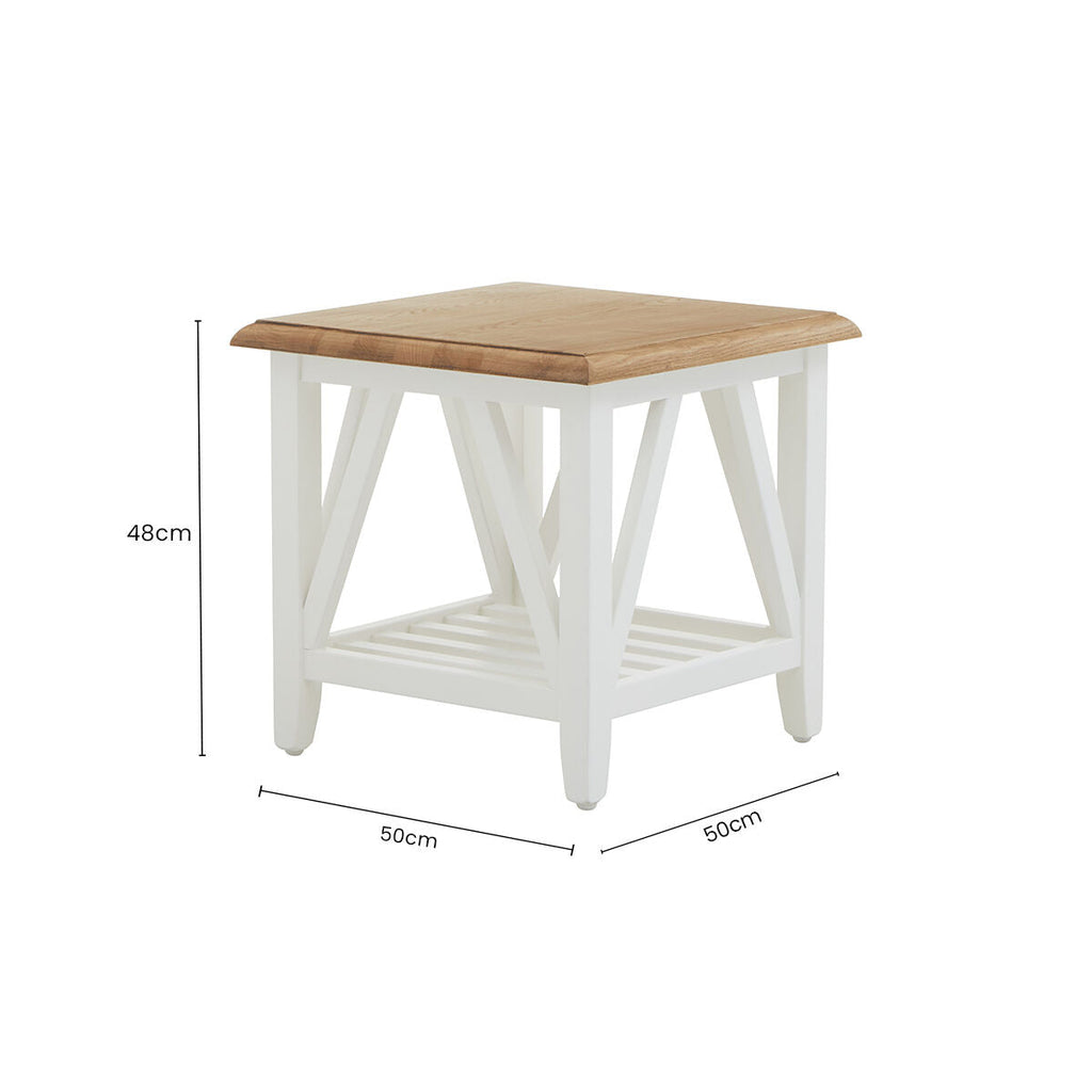 Natural Oak Side Table with White Finished Birch Base and Sculpted Supports