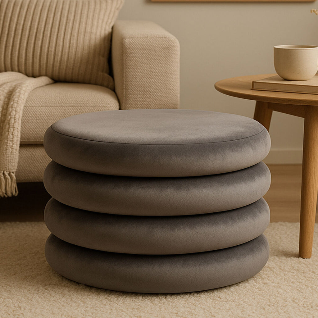 Grey Velvet Round Pouffe with Footrest