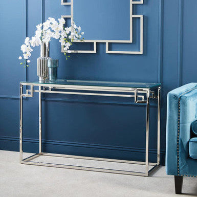 Silver Finish Console Table with Tempered Glass Top