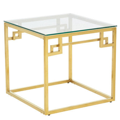 Geometric Brushed Gold Stainless Steel Side Table with Tempered Glass Top