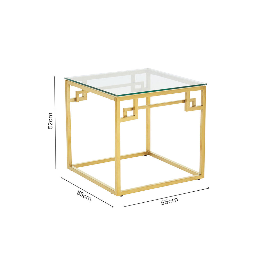 Geometric Brushed Gold Stainless Steel Side Table with Tempered Glass Top