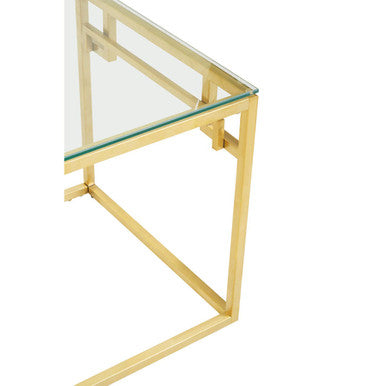 Geometric Brushed Gold Stainless Steel Side Table with Tempered Glass Top