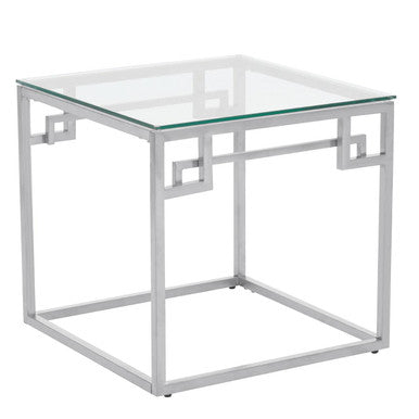 Silver Stainless Steel Side Table with Tempered Glass Top