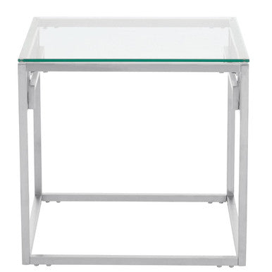 Silver Stainless Steel Side Table with Tempered Glass Top