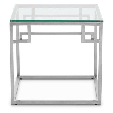 Silver Stainless Steel Side Table with Tempered Glass Top