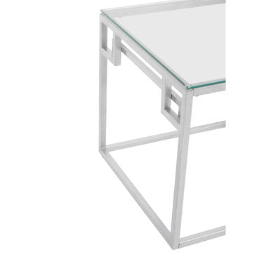 Silver Stainless Steel Side Table with Tempered Glass Top