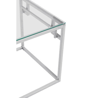 Silver Stainless Steel Side Table with Tempered Glass Top