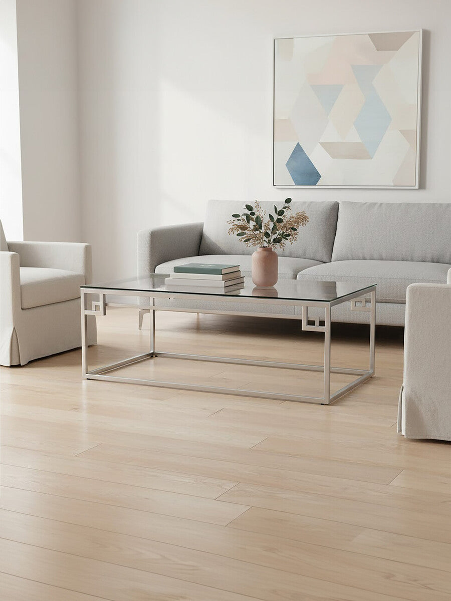 Silver Finish Coffee Table with Tempered Glass Top