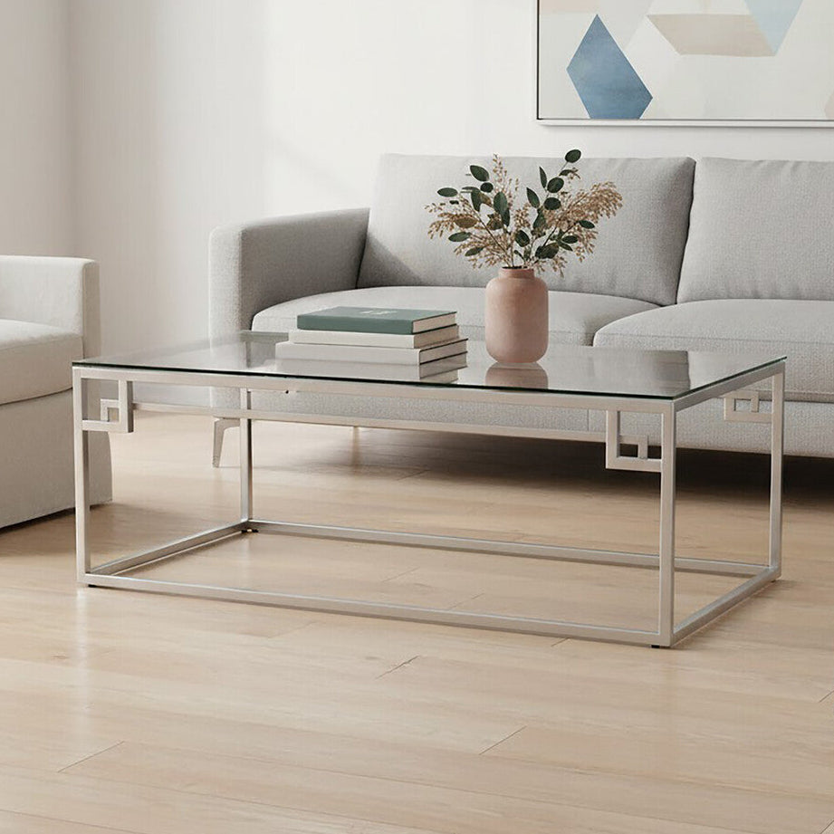 Silver Finish Coffee Table with Tempered Glass Top