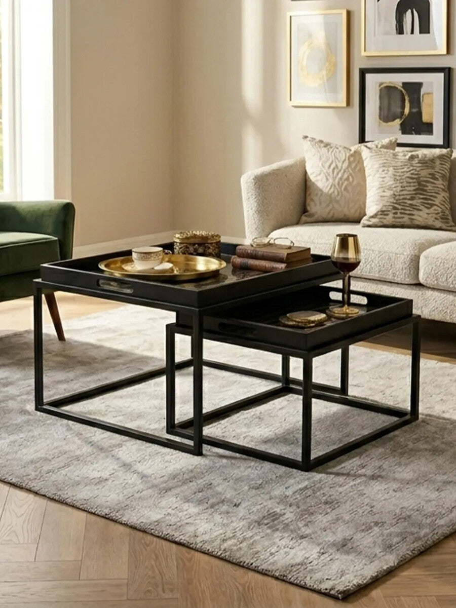 Black and Gold Agate Effect Set of 2 Nesting Tray Tables