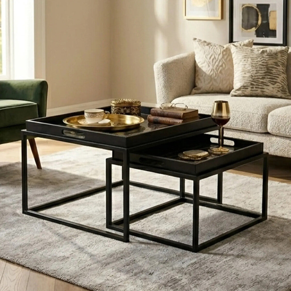 Black and Gold Agate Effect Set of 2 Nesting Tray Tables