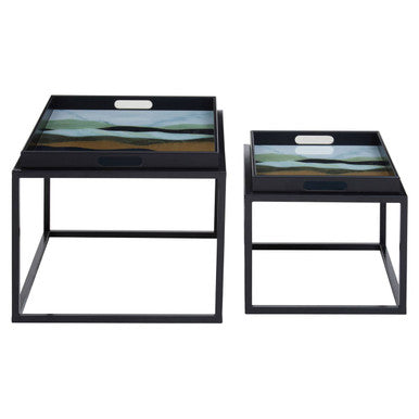 Set of 2 Multicolour Agate Effect Removable Tray Tops Nesting Side Tables with Black Metal Frames