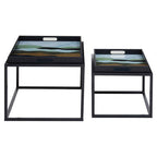Set of 2 Multicolour Agate Effect Removable Tray Tops Nesting Side Tables with Black Metal Frames