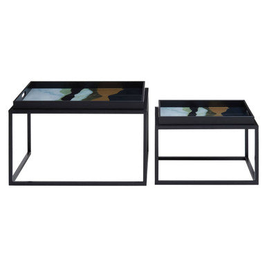 Set of 2 Multicolour Agate Effect Removable Tray Tops Nesting Side Tables with Black Metal Frames
