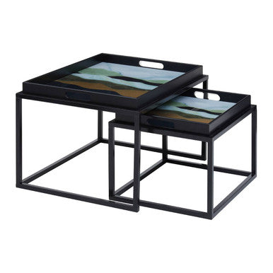 Set of 2 Multicolour Agate Effect Removable Tray Tops Nesting Side Tables with Black Metal Frames
