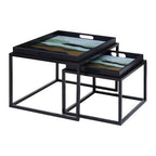 Set of 2 Multicolour Agate Effect Removable Tray Tops Nesting Side Tables with Black Metal Frames
