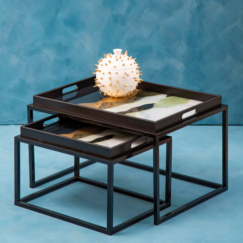 Set of 2 Multicolour Agate Effect Removable Tray Tops Nesting Side Tables with Black Metal Frames