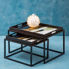 Set of 2 Multicolour Agate Effect Removable Tray Tops Nesting Side Tables with Black Metal Frames