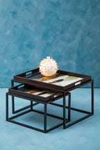 Set of 2 Multicolour Agate Effect Removable Tray Tops Nesting Side Tables with Black Metal Frames