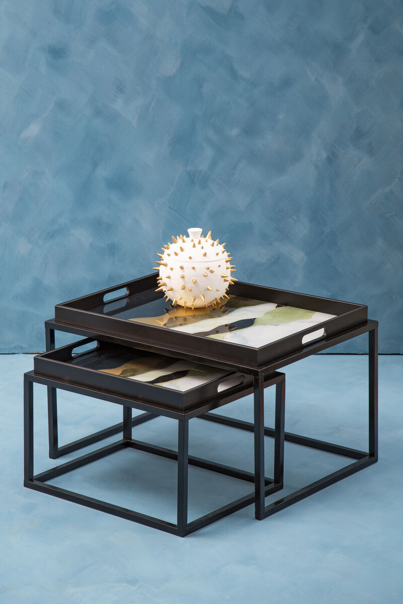 Set of 2 Multicolour Agate Effect Removable Tray Tops Nesting Side Tables with Black Metal Frames