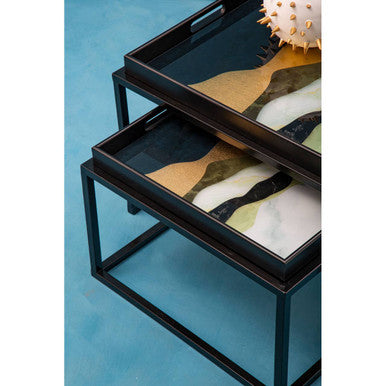 Set of 2 Multicolour Agate Effect Removable Tray Tops Nesting Side Tables with Black Metal Frames