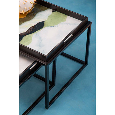 Set of 2 Multicolour Agate Effect Removable Tray Tops Nesting Side Tables with Black Metal Frames