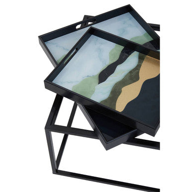 Set of 2 Multicolour Agate Effect Removable Tray Tops Nesting Side Tables with Black Metal Frames