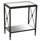 Black Metal Rectangular Frame Side Table with Two-Tier Clear Glass Shelves and Floral Motif