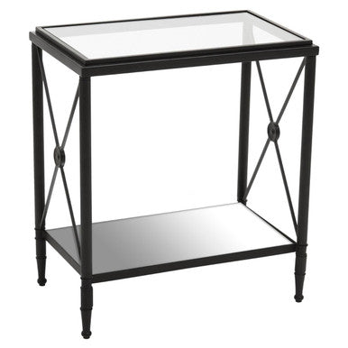 Black Metal Rectangular Frame Side Table with Two-Tier Clear Glass Shelves and Floral Motif