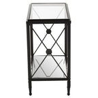 Black Metal Rectangular Frame Side Table with Two-Tier Clear Glass Shelves and Floral Motif
