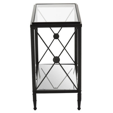 Black Metal Rectangular Frame Side Table with Two-Tier Clear Glass Shelves and Floral Motif