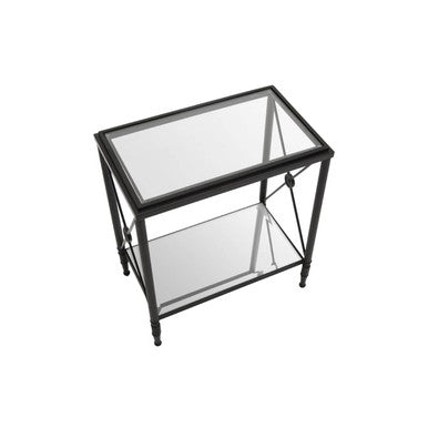 Black Metal Rectangular Frame Side Table with Two-Tier Clear Glass Shelves and Floral Motif