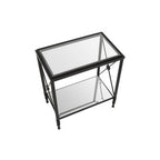 Black Metal Rectangular Frame Side Table with Two-Tier Clear Glass Shelves and Floral Motif
