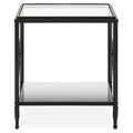 Black Metal Rectangular Frame Side Table with Two-Tier Clear Glass Shelves and Floral Motif
