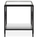 Black Metal Rectangular Frame Side Table with Two-Tier Clear Glass Shelves and Floral Motif