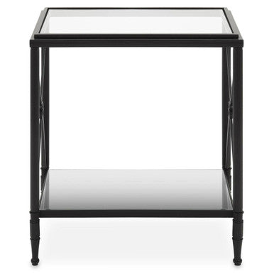 Black Metal Rectangular Frame Side Table with Two-Tier Clear Glass Shelves and Floral Motif
