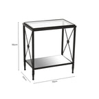 Black Metal Rectangular Frame Side Table with Two-Tier Clear Glass Shelves and Floral Motif