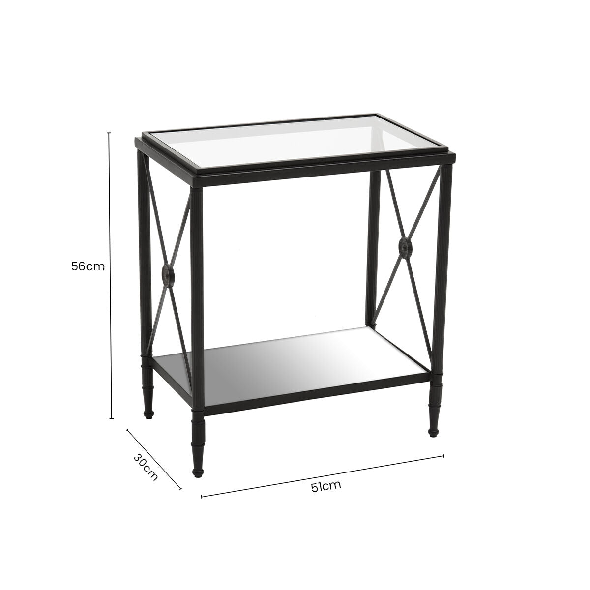 Black Metal Rectangular Frame Side Table with Two-Tier Clear Glass Shelves and Floral Motif
