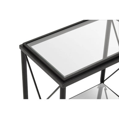 Black Metal Rectangular Frame Side Table with Two-Tier Clear Glass Shelves and Floral Motif