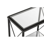 Black Metal Rectangular Frame Side Table with Two-Tier Clear Glass Shelves and Floral Motif