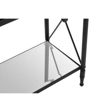 Black Metal Rectangular Frame Side Table with Two-Tier Clear Glass Shelves and Floral Motif